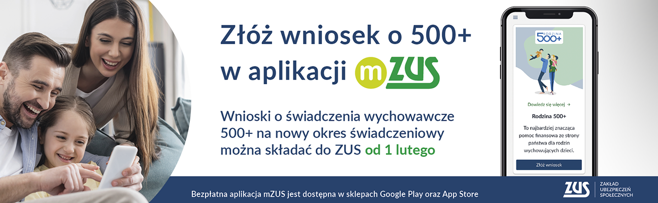 Złóż wniosek o 500 plus w apliakcji mZUS, prosty sposób na złożenie wniosków o świadczenia dla rodziny.Bezpłatna aplikacja mZUS jest dostępna w sklepach Google Play i App Store.Wnioski oświadczenie wychowawcze 500 plus na nowy okres świadczeniowy można składać od 1 lutego